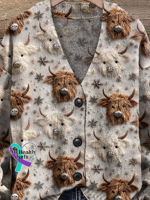 Christmas Highland Cow Cattle Winter Snow Cute V-Neck Cardigan Sweater