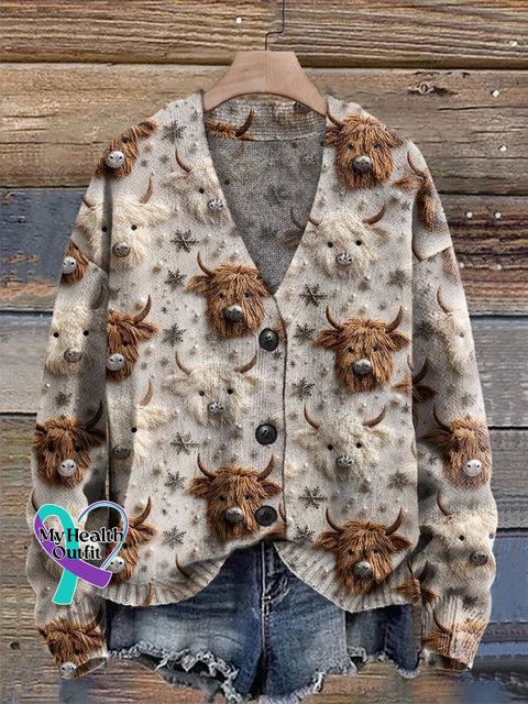 Christmas Highland Cow Cattle Winter Snow Cute V-Neck Cardigan Sweater Multicolor / S