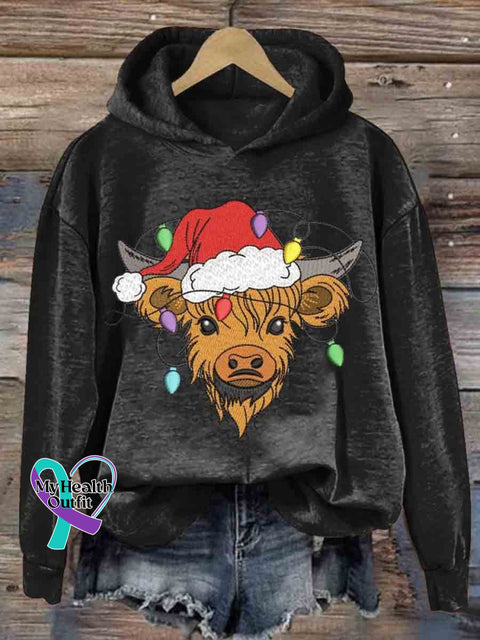 Christmas Highland Cow Embroidery Design Round Neck Pullover Sweatshirt Black / S