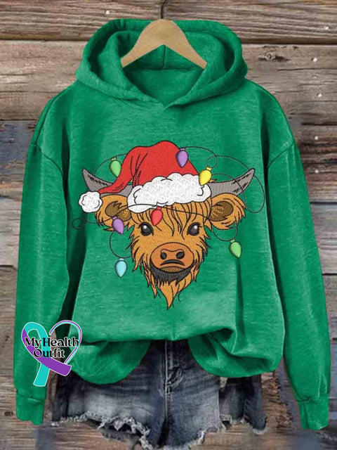 Christmas Highland Cow Embroidery Design Round Neck Pullover Sweatshirt Green / S