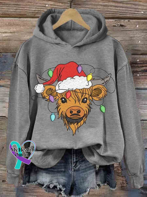 Christmas Highland Cow Embroidery Design Round Neck Pullover Sweatshirt Grey / S