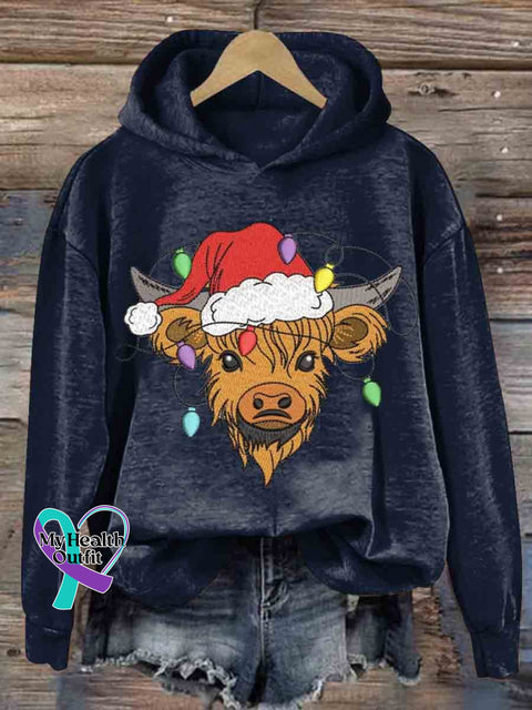 Christmas Highland Cow Embroidery Design Round Neck Pullover Sweatshirt Navyblue / S