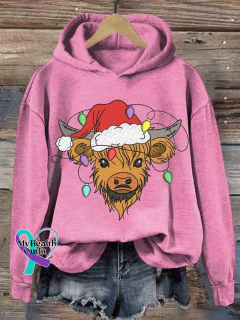 Christmas Highland Cow Embroidery Design Round Neck Pullover Sweatshirt Pink / S