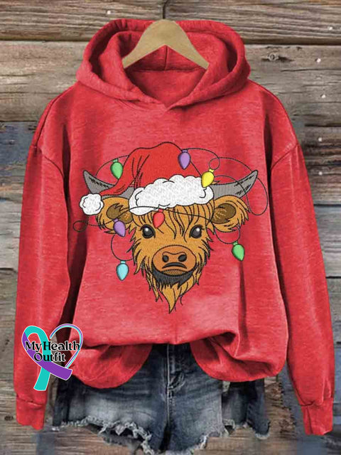 Christmas Highland Cow Embroidery Design Round Neck Pullover Sweatshirt Red / S