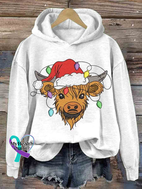 Christmas Highland Cow Embroidery Design Round Neck Pullover Sweatshirt White / S