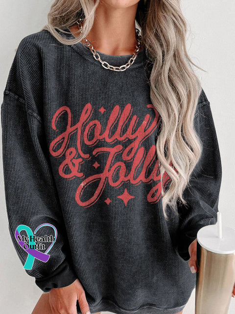 Christmas Holly & Jolly Women’s Casual Print Corduroy Sweatshirt Black / S