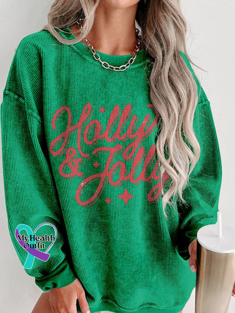 Christmas Holly & Jolly Women’s Casual Print Corduroy Sweatshirt Green / S