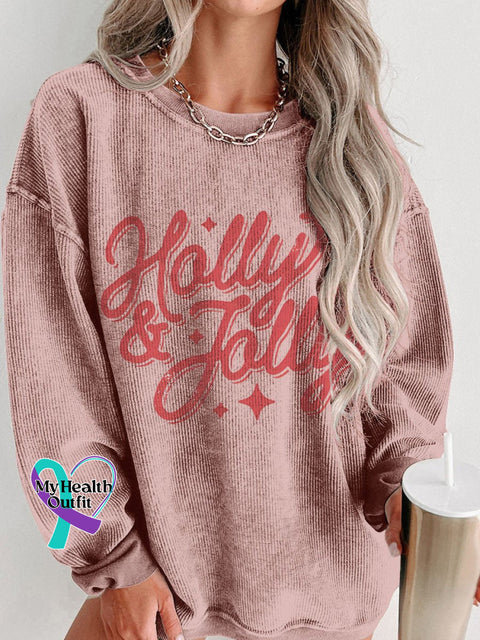 Christmas Holly & Jolly Women’s Casual Print Corduroy Sweatshirt Pink / S