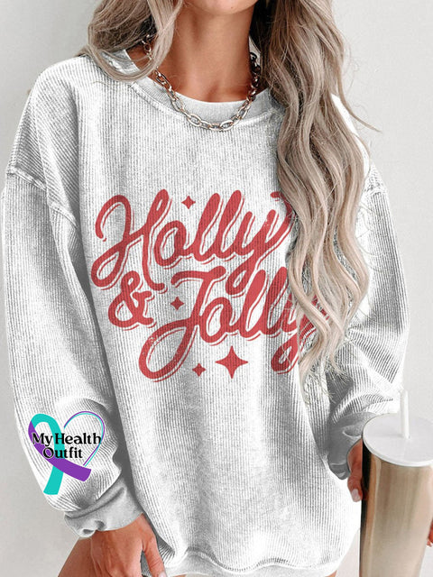 Christmas Holly & Jolly Women’s Casual Print Corduroy Sweatshirt White / S