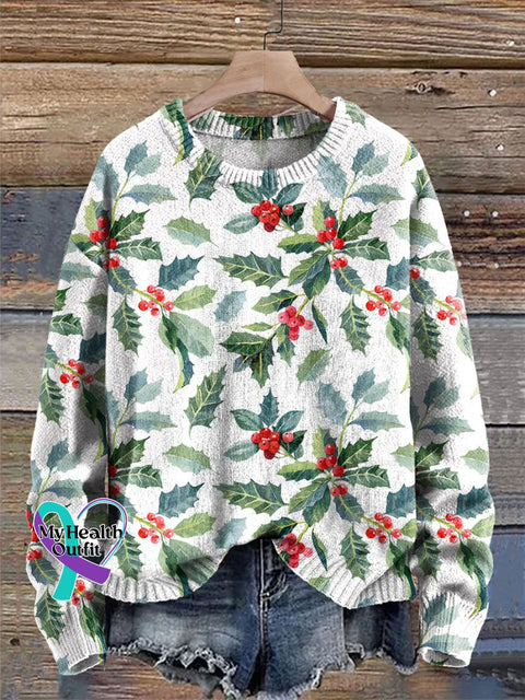 Christmas Holly Leaf Tree Print Knit Pullover Sweater