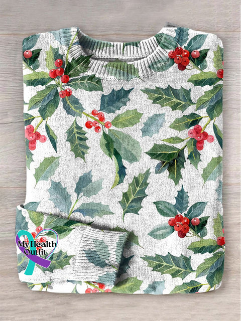Christmas Holly Leaf Tree Print Knit Pullover Sweater Multicolor / S