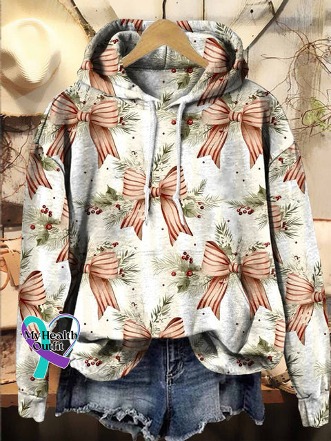 Christmas Holly Tree Bow Hooded Casual Sweatshirt Multicolor / S