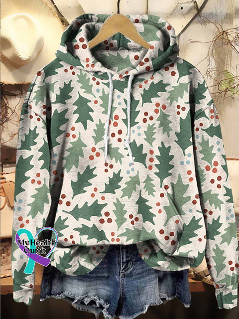 Christmas Holly Tree Hooded Casual Sweatshirt Multicolor / S