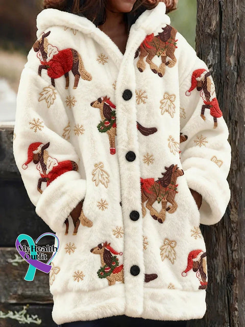 Christmas Horses Art Embroidered Cozy Knit Hooded Cardigan Multicolor / S