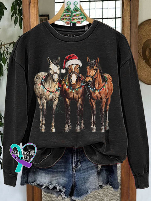 Christmas Horses Casual Print Sweatshirt Black / S