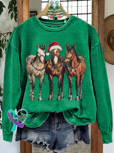 Christmas Horses Casual Print Sweatshirt Green / S