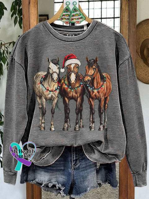 Christmas Horses Casual Print Sweatshirt Grey / S
