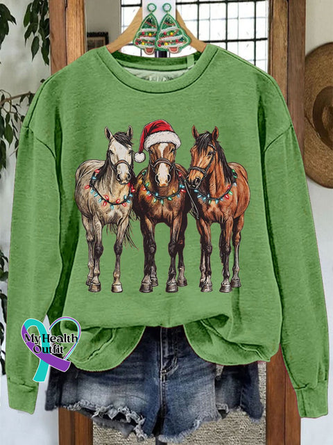 Christmas Horses Casual Print Sweatshirt Lightgreen / S
