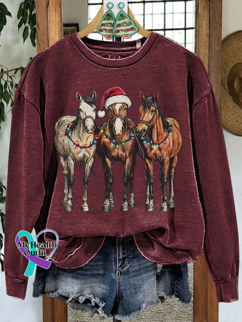 Christmas Horses Casual Print Sweatshirt Maroon / S