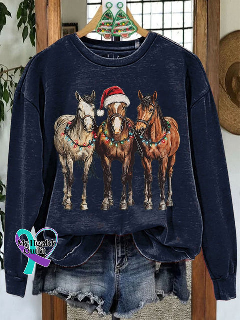 Christmas Horses Casual Print Sweatshirt Navyblue / S