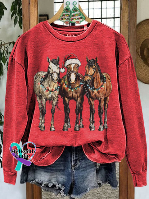 Christmas Horses Casual Print Sweatshirt Red / S
