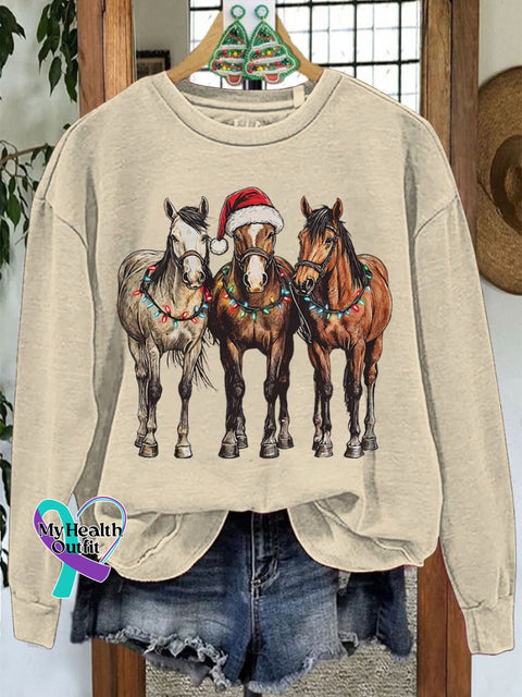 Christmas Horses Casual Print Sweatshirt Sand / S