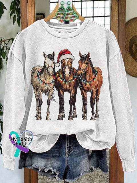 Christmas Horses Casual Print Sweatshirt White / S
