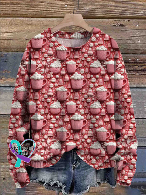 Christmas Hot Cocoa Marshmallow Seamless Pattern Round Neck Trendy Retro Casual Printed Sweater