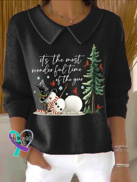 Christmas It’s The Most Wonderful Time Of The Year Casual Peter Pan Collar 3/4 Sleeve Sweater Black / S