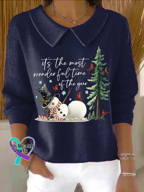 Christmas It’s The Most Wonderful Time Of The Year Casual Peter Pan Collar 3/4 Sleeve Sweater Blue / S