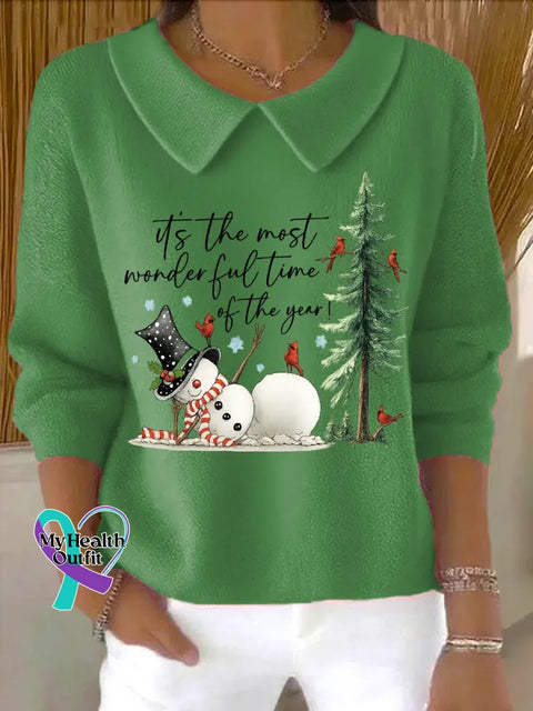Christmas It’s The Most Wonderful Time Of The Year Casual Peter Pan Collar 3/4 Sleeve Sweater Green / S
