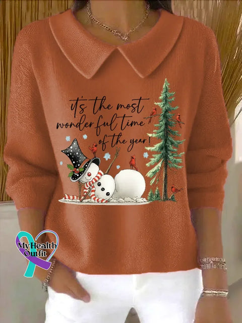 Christmas It’s The Most Wonderful Time Of The Year Casual Peter Pan Collar 3/4 Sleeve Sweater Orange / S