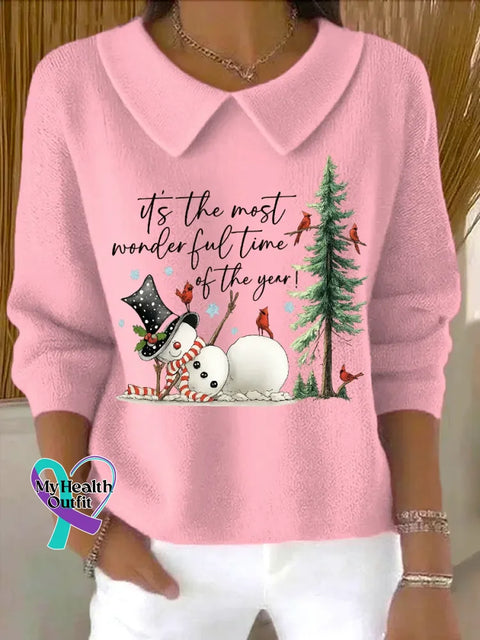 Christmas It’s The Most Wonderful Time Of The Year Casual Peter Pan Collar 3/4 Sleeve Sweater Pink / S