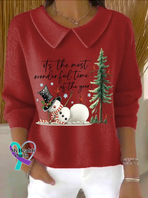 Christmas It’s The Most Wonderful Time Of The Year Casual Peter Pan Collar 3/4 Sleeve Sweater Red / S