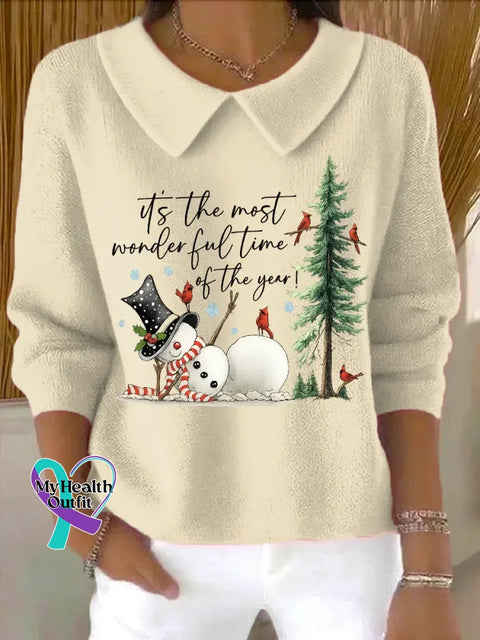 Christmas It’s The Most Wonderful Time Of The Year Casual Peter Pan Collar 3/4 Sleeve Sweater Sand / S