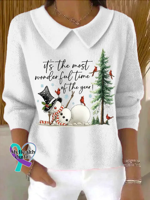 Christmas It’s The Most Wonderful Time Of The Year Casual Peter Pan Collar 3/4 Sleeve Sweater White / S