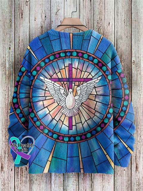 Christmas Jesus Nativity Beliefs Cross Homing Pigeon Print Knit Pullover Sweater