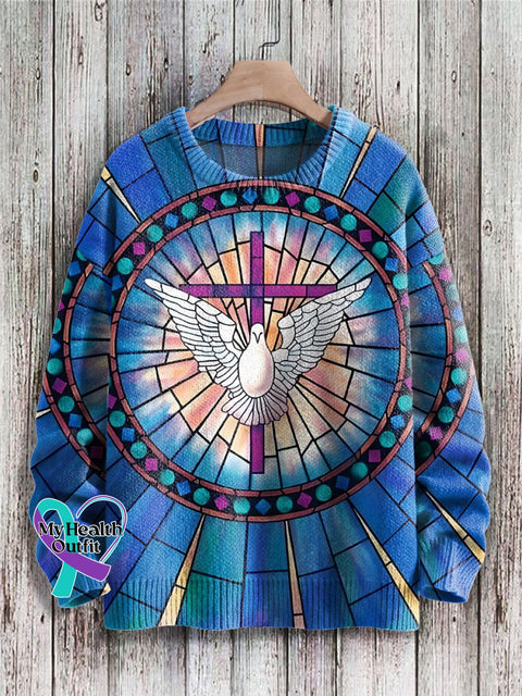 Christmas Jesus Nativity Beliefs Cross Homing Pigeon Print Knit Pullover Sweater Blue / S