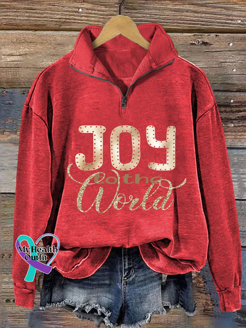 Christmas Joy To The World Print Casual Zip Sweatshirt Red / S