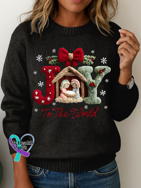 Christmas Joy To The World Print Knit Pullover Sweater Multicolor / S