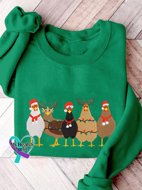Christmas Lights Chicken Machine Print Casual Sweatshirt Green / S