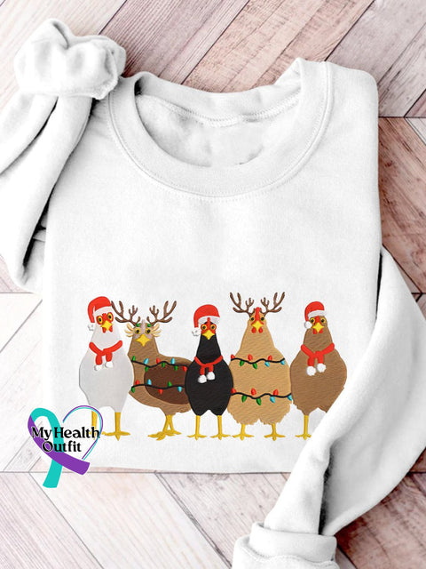 Christmas Lights Chicken Machine Print Casual Sweatshirt White / S