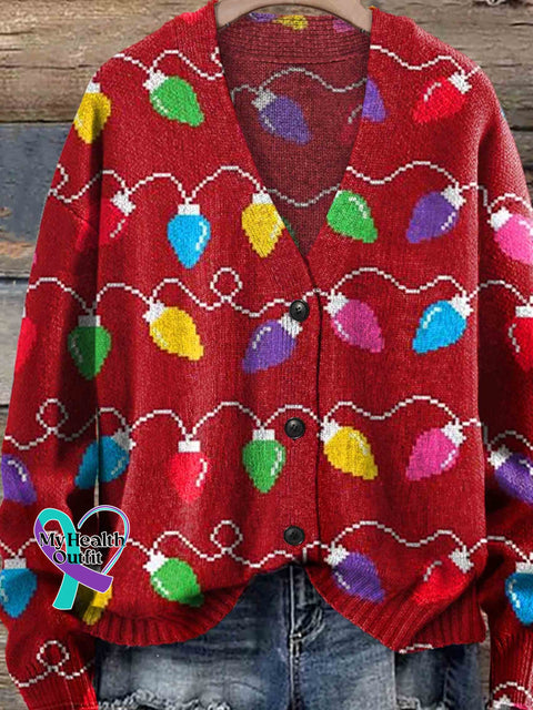 Christmas Lights Print Buttoned Cardigan Sweater