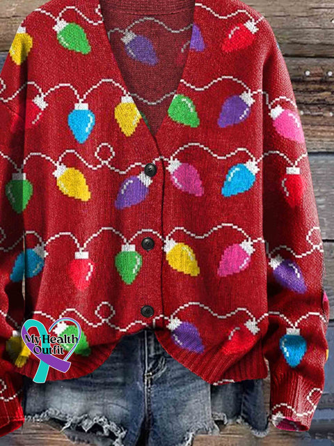 Christmas Lights Print Buttoned Cardigan Sweater