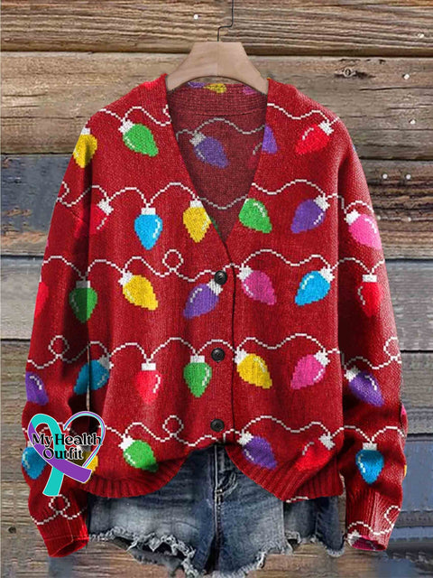 Christmas Lights Print Buttoned Cardigan Sweater Red / S