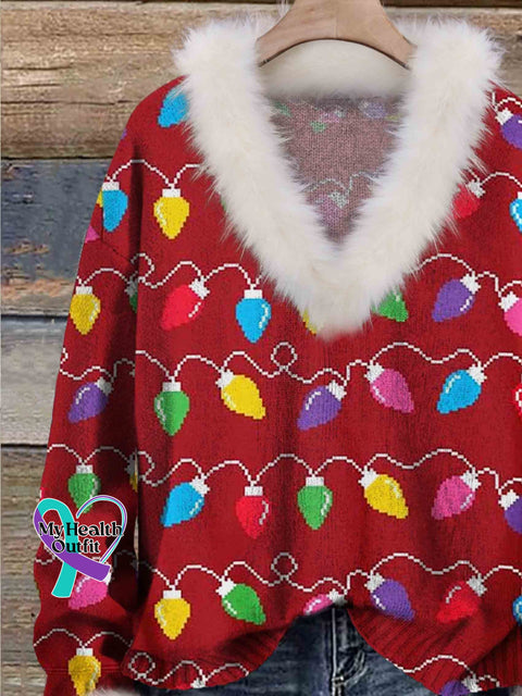 Christmas Lights Print Knit Pullover Fur Collar Sweater