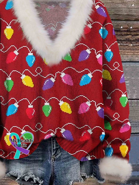 Christmas Lights Print Knit Pullover Fur Collar Sweater