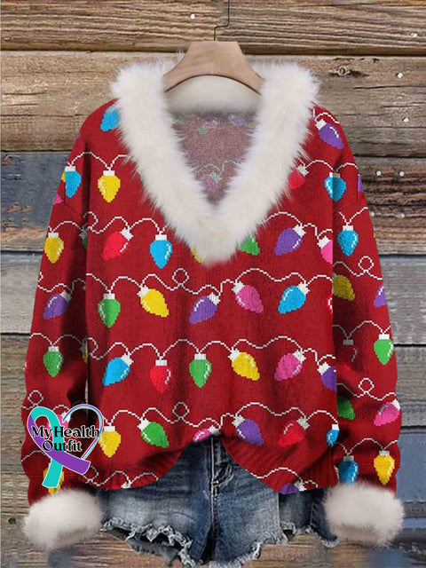 Christmas Lights Print Knit Pullover Fur Collar Sweater Multicolor / S