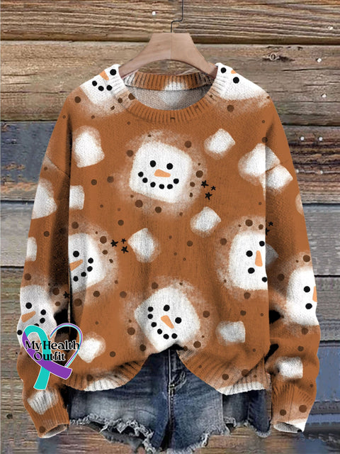 Christmas Marshmallow Snowman Art Print Knit Pullover Sweater Brown / S
