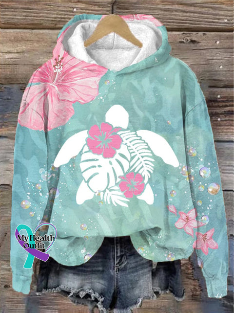 Christmas Maui Turtle Hibiscus Print Casual Sweatshirt Teal / S